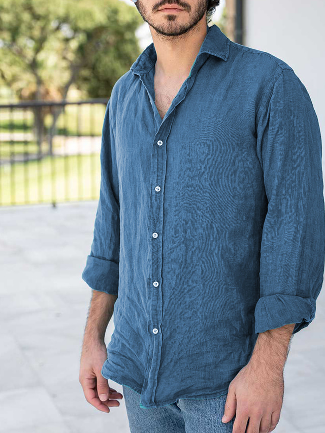  Men's Shirt Linen Shirt Button Up Shirt Beach Shirt Blue Long Sleeve Plain Lapel Spring &  Fall Casual Daily Clothing Apparel