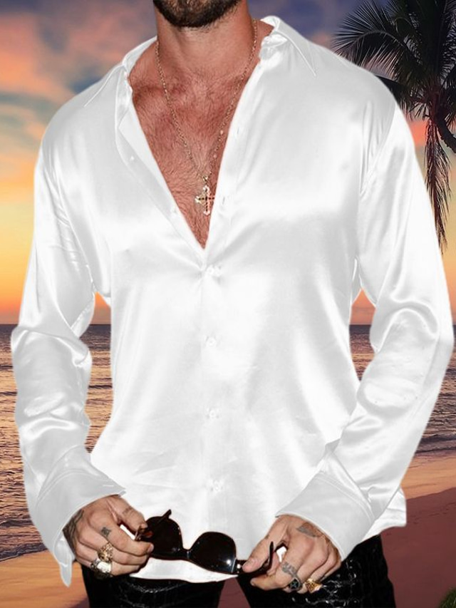  Herre Skjorte Button Up skjorte Casual skjorte Silkeskjorte i satin Sort Hvid Rød Blå Grøn Langærmet Vanlig Knaphul Daglig Ferierejse Tøj Mode Afslappet Bekvem