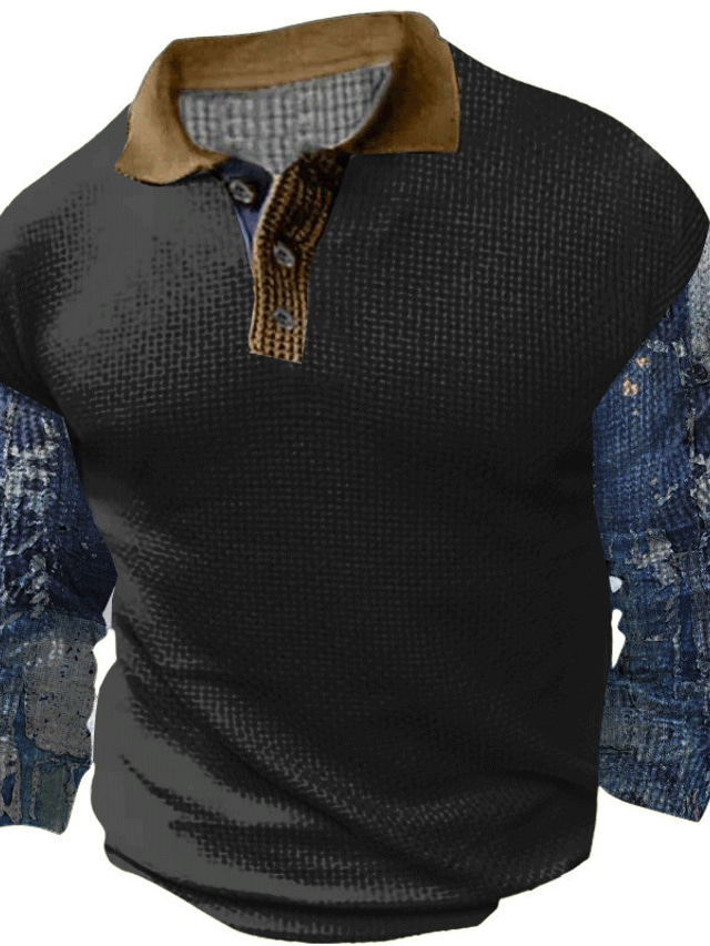  Bloque de color Casual Hombre polo gofrado Manga Larga Exterior Casual Diario Ropa de calle Primavera 3D Estampado Cuello Vuelto Negro Azul Marino Marrón Microelástico Tela de gofres