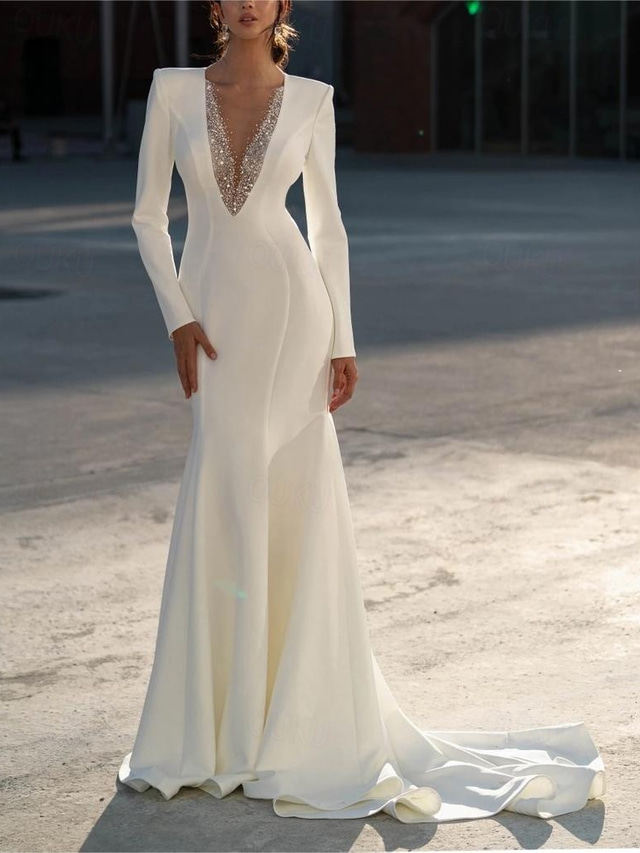  TS Formal Wedding Dresses Mermaid V Neck Long Sleeve Sweep / Brush Train Chiffon Bridal Gowns With Beading Solid Color 2025