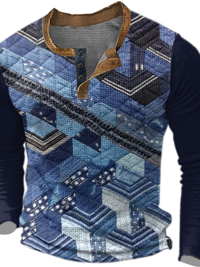  Graphic Mosaïque Mode Design Décontractées Homme 3D effet Chemise Henley Shirt T-shirt gaufré Sport extérieur Vacances Festival T-shirt Bleu Vert Bleu de minuit manche longue Henley Chemise Printemps