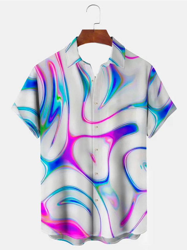  3D Print Abstrakt Herre Skjorte Dagligdagstøj I-byen-tøj Weekend Efterår Aftæpning Kort Ærme Hvid, Blå S, M, L 4-vejs strækstof Skjorte