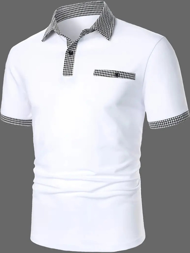  Men's Polo Shirt Button Up Polos Casual Holiday Lapel Short Sleeve Fashion Basic Color Block Houndstooth Patchwork Pocket Summer Regular Fit Black White Navy Blue Blue Polo Shirt