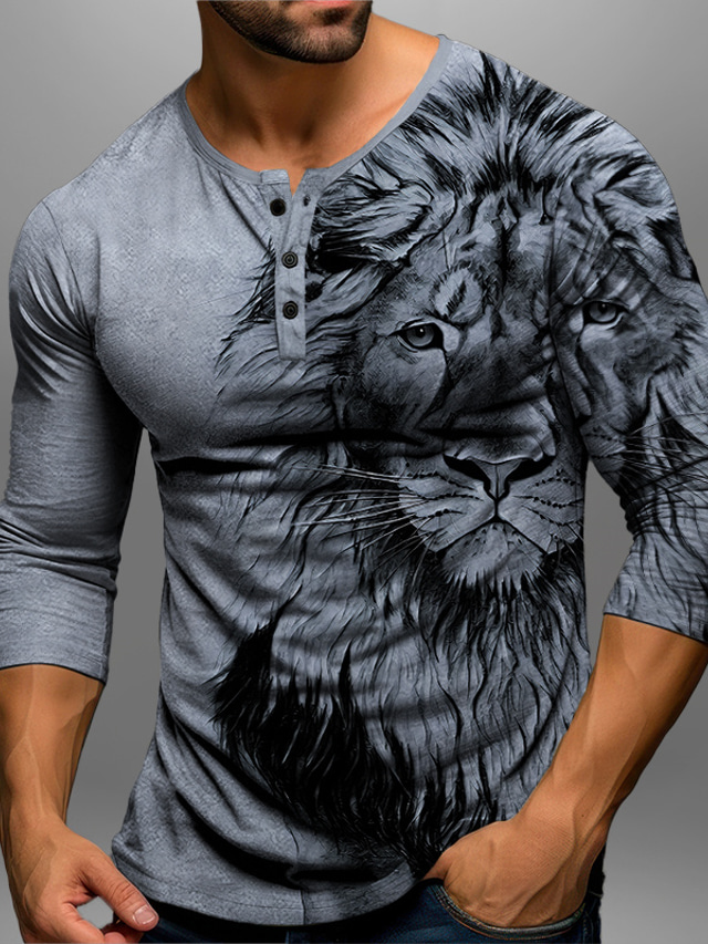  Homme Graphic Lion Chemise Henley Shirt manche longue T-shirt 3D effet Henley Chemise Mode du quotidien Décontractées Casual Vacances Sortie Bleu Marron Vert Printemps & Automne Vêtement Tenue S M L