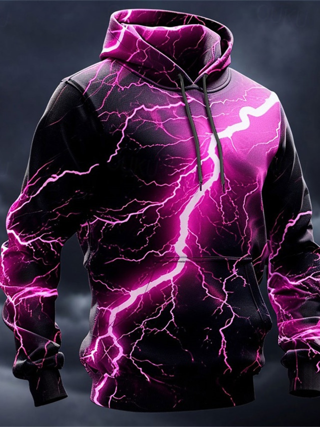  Men's Graphic Lightening Hoodie Hoodies Sweatshirt Hoodie Long Sleeve Hooded Sweatshirt Hooded Fashion 3D Print Sports Outdoor Holiday Vacation Yellow Pink Print Front Pocket Spring &  Fall Designer