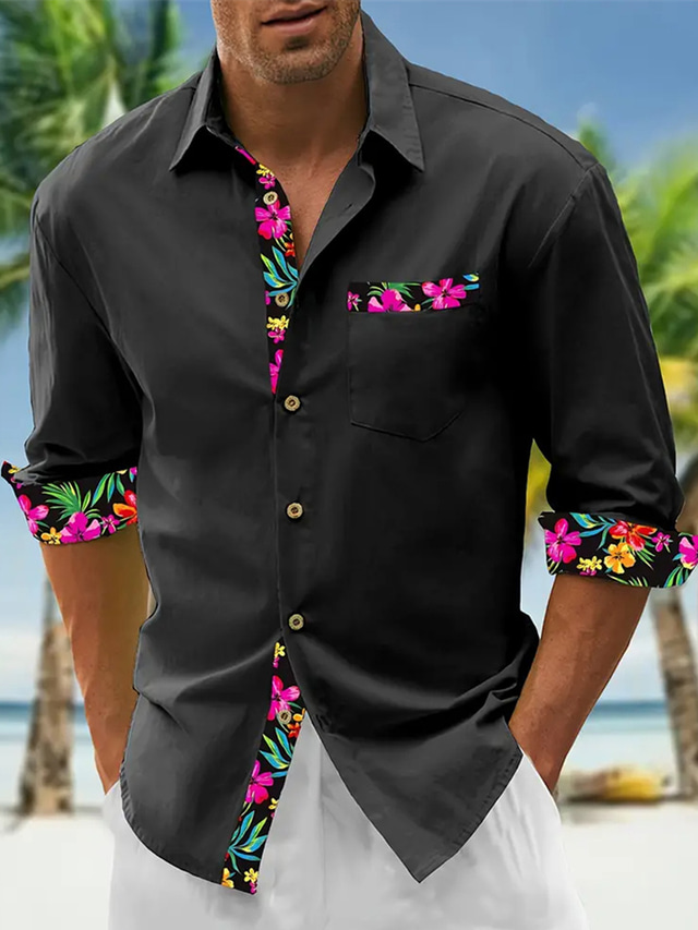  Homens Camisa Social camisa de linho camisa de botão camisa de praia Preto Branco Rosa Manga Longa Floral Lapela Primavera & Outono Casual Diário Roupa Emenda