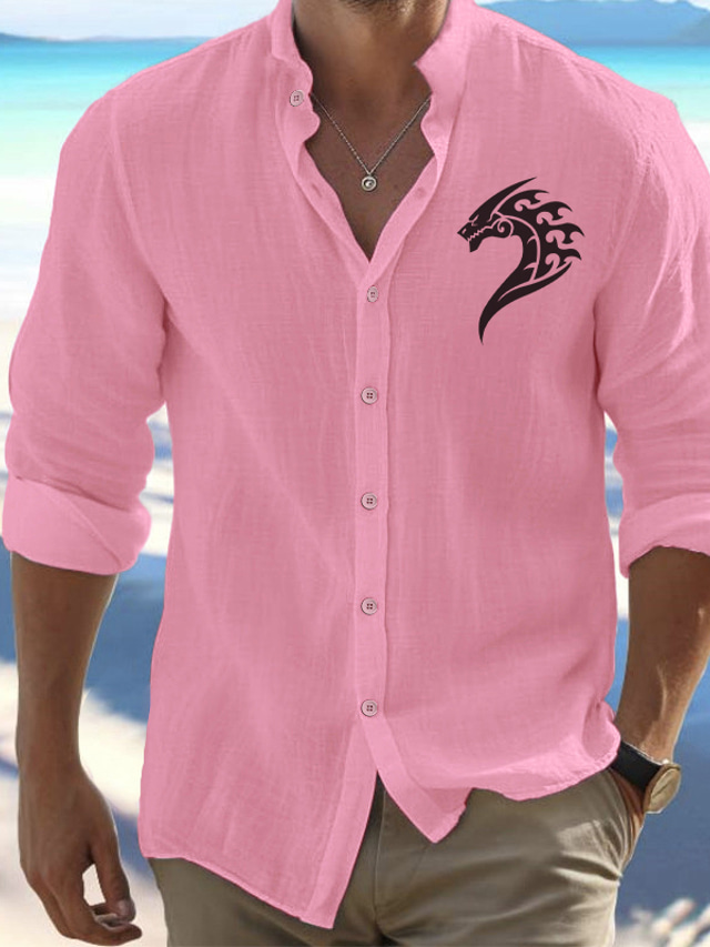  Men's Linen Linen Cotton Blend Shirt Linen Shirt Button Up Shirt Viking Print Long Sleeve Standing Collar Black, White, Pink Shirt Outdoor Daily Wear Vacation