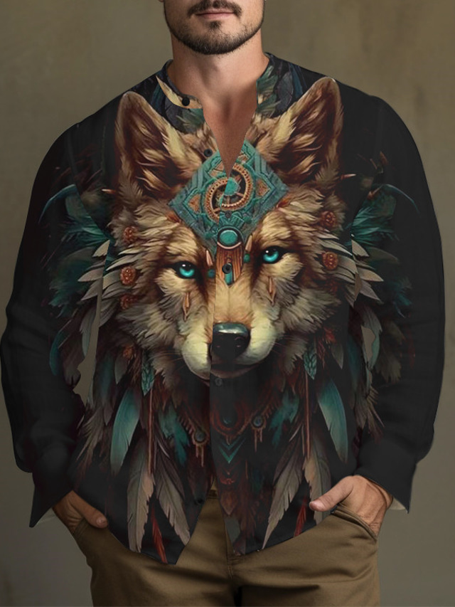  Wolf vintage abstrakt herrskjorta dagligen bära gå ut helgen höst& vinter stående krage långärmad blå, brun, khaki s, m, l slub tyg skjorta