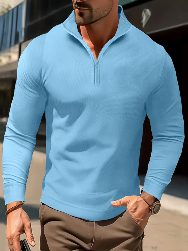  Men's Polo Shirt High Neck Outdoor Casual Lapel Quarter Zip Long Sleeve Fashion Basic Waves Solid / Plain Color Quarter Zip Spring &  Fall Regular Fit Black White Dark Navy Blue Polo Shirt