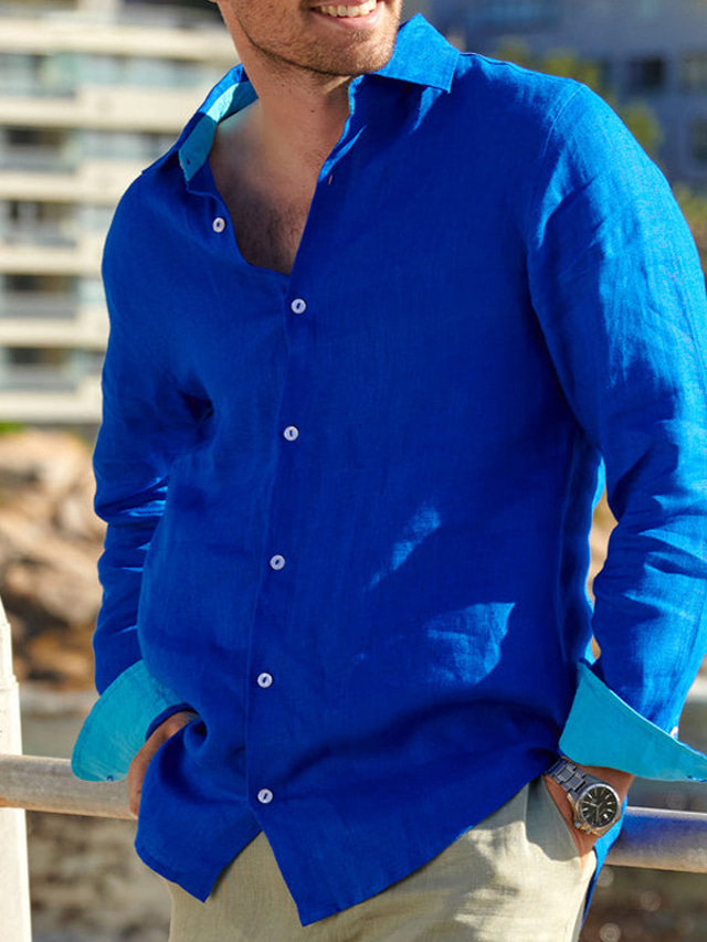  Men's Shirt Linen Shirt Button Up Shirt Beach Shirt Blue Long Sleeve Color Block Lapel Spring &  Fall Casual Daily Clothing Apparel Splice