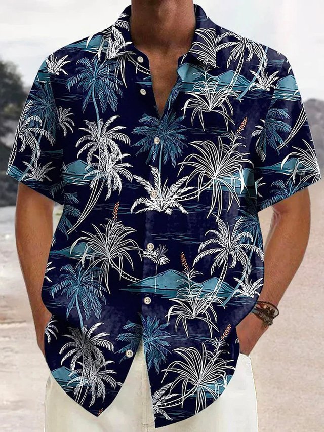  Grafisk Palme træ Palmeblad Hawaiiansk Herre Udendørsbeklædning Dagligdagstøj Weekend Sommer Aftæpning Kortærmet Blå Grå S M L Skjorte Normal