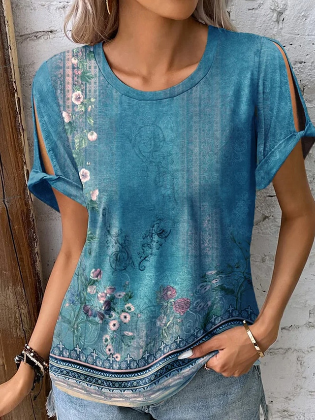  Femme T-shirt bohème T shirt Floral Mode Manche Courte Col Rond Hauts réguliers Casual Vacances Découpé Rouge Bleu Violet Vert Eté