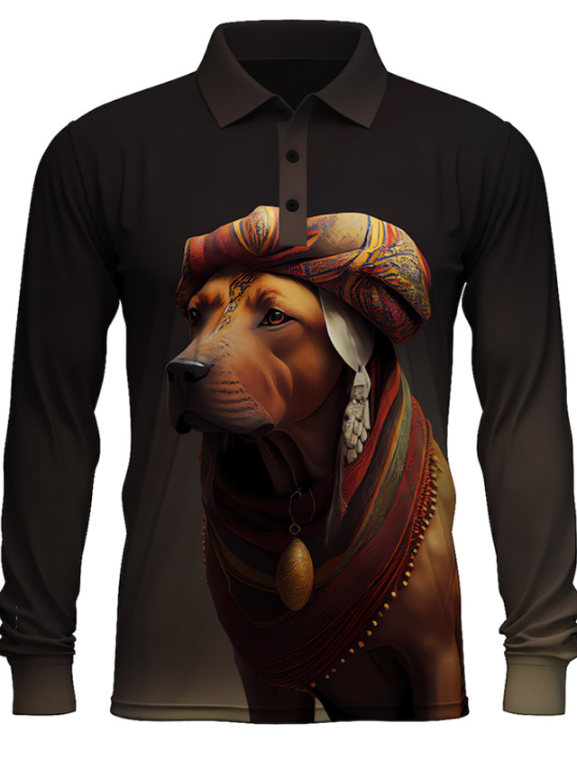  Dog Men's Casual Print 3D Outdoor Casual Daily Streetwear Polyester Long Sleeve Turndown Polo Shirts Black Orange Fall & Winter S M L Micro-elastic Lapel Polo