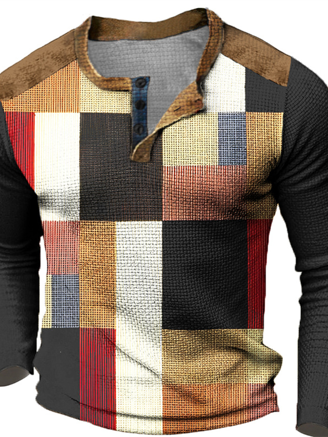  Graphic Plaid Color Block Fashion Designer Casual Men's 3D Print Henley Shirt Waffle T Shirt Sports Outdoor Holiday Festival T shirt Blue Purple Green Long Sleeve Henley Shirt Spring &  Fall Clothing