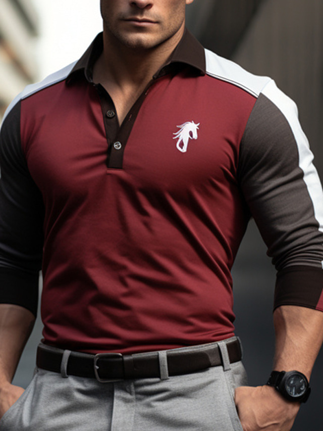  Men's Polo Shirt Button Up Polos Casual Sports Lapel Long Sleeve Fashion Basic Color Block Patchwork Embroidered Spring &  Fall Regular Fit Red Polo Shirt
