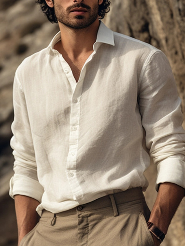  Men's Linen Shirt Shirt Button Up Shirt Beach Shirt Beige Long Sleeve Plain Lapel Spring &  Fall Casual Daily Clothing Apparel