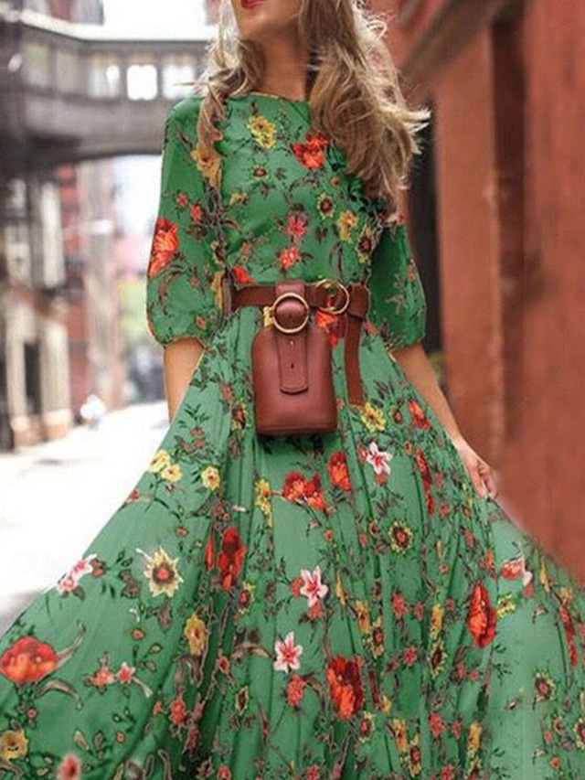  Women's Chiffon Floral Print Crew Neck Long Dress Maxi Dress Bohemia Vacation Summer Spring