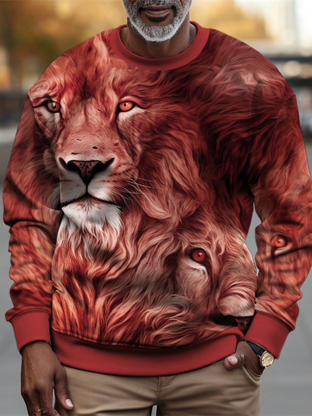  Men's Graphic Lion Sweatshirts Golf Pullover Sweatshirt Long Sleeve Hoodie Sweatshirt Crew Neck Fashion 3D Print Holiday Vacation Going out Red Purple Print Spring &  Fall Designer