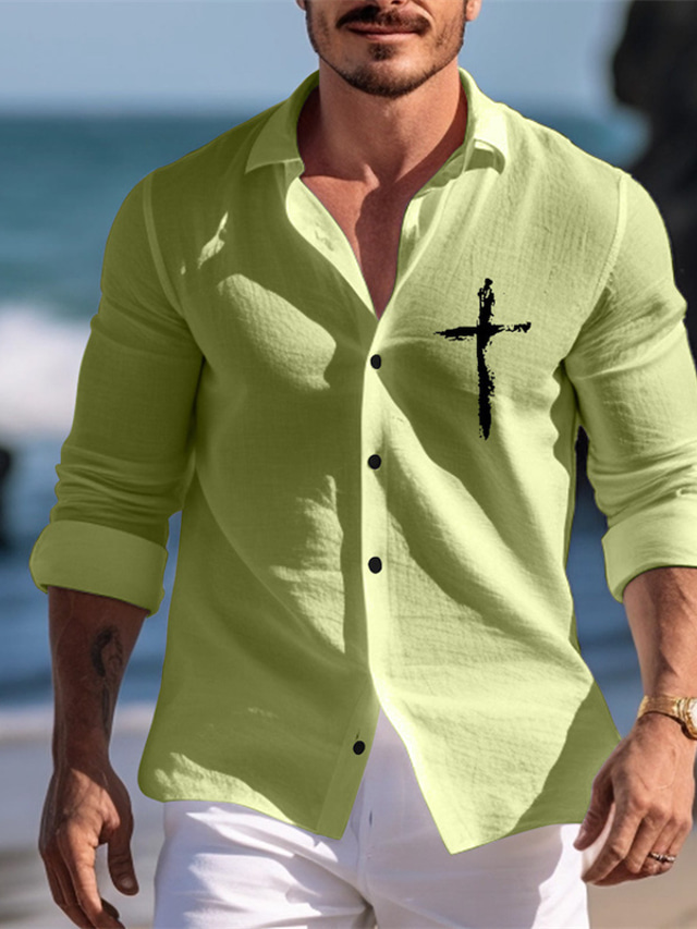  Men's Cotton Linen Shirt Linen Shirt Faith Print Long Sleeve Lapel Black, White, Pink Shirt Outdoor Daily Vacation