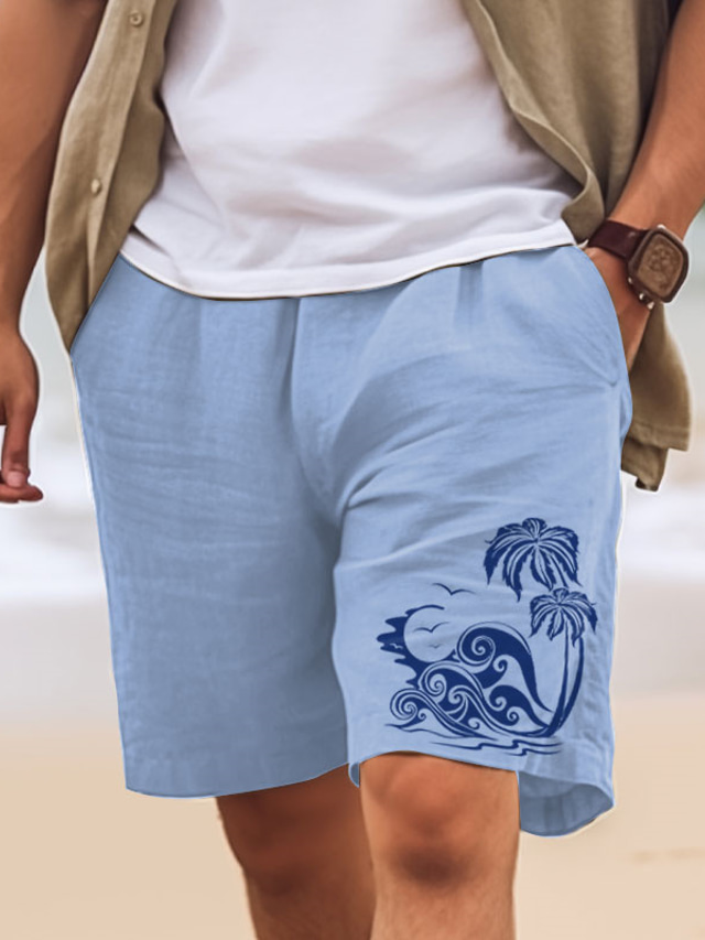  Herren-Shorts aus Baumwolle, Sommer-Shorts, Strand-Shorts, bedruckt, Kordelzug, elastische Taille, Kokosnussbaum-Spray, bequem, atmungsaktiv, kurz, Outdoor, Urlaub, Ausgehen, Baumwollmischung,