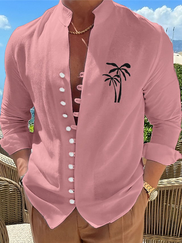  Men's Washable Cotton Fabric Shirt Linen Shirt Palm Tree Print Button-Down Long Sleeve Standing Collar Black, White, Pink Shirt Daily Wear Going out Weekend