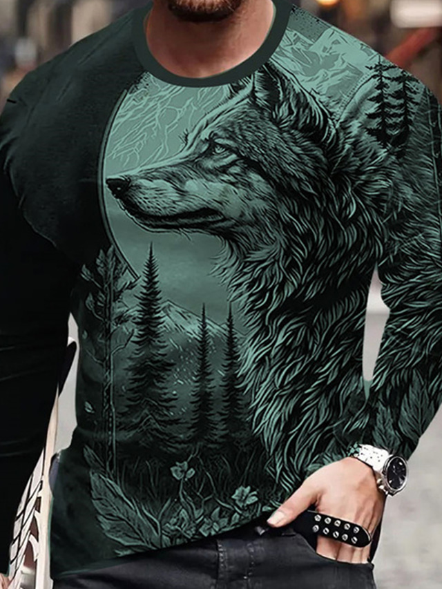  Graphic Animal Wolf Fashion Designer Casual Men's 3D Print T shirt Tee Sports Outdoor Holiday Going out T shirt Blue Purple Brown Long Sleeve Crew Neck Shirt Spring &  Fall Clothing Apparel S M L XL