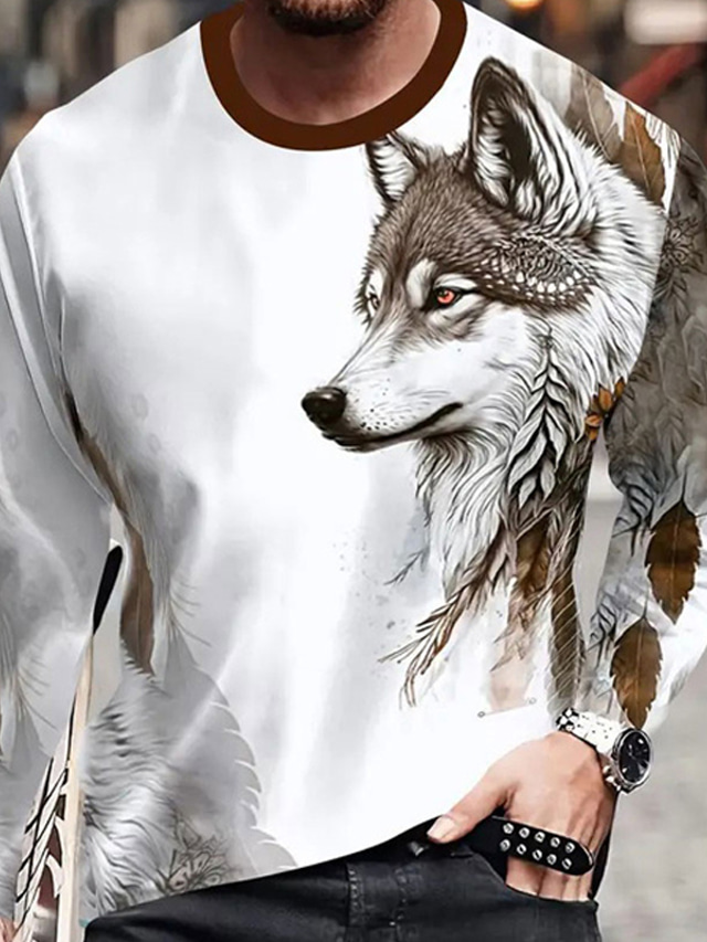 Graphic Animal Wolf Fashion Designer Casual Men's 3D Print T shirt Tee Sports Outdoor Holiday Going out T shirt Burgundy Blue Brown Long Sleeve Crew Neck Shirt Spring &  Fall Clothing Apparel S M L