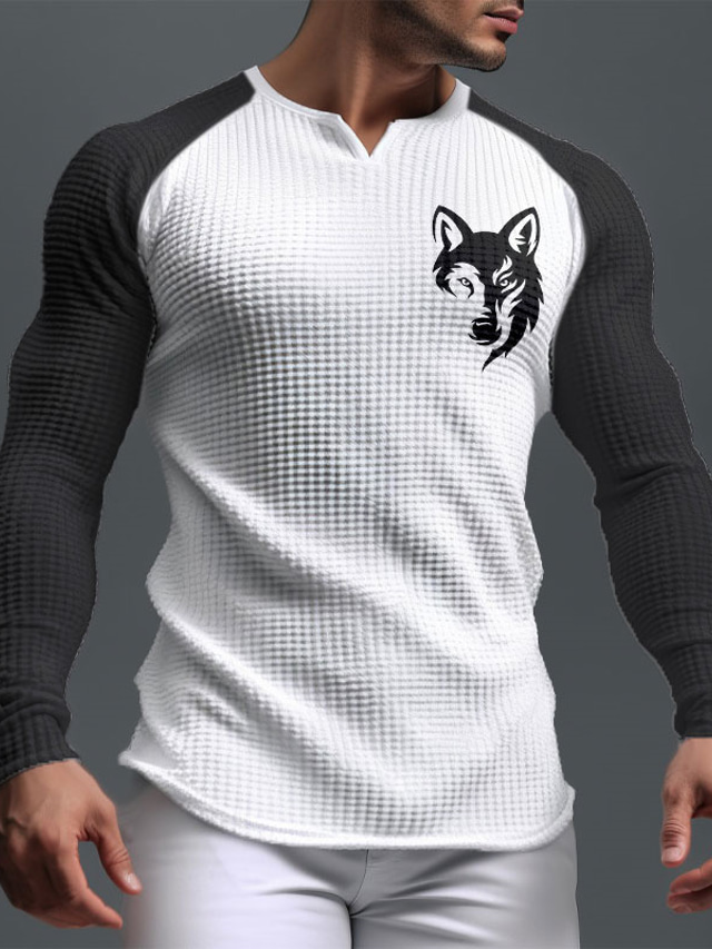  Graphic Color Block Wolf Daily Classic Casual Men's 3D Print T shirt Tee Waffle Shirt Raglan T Shirt Sports Outdoor Holiday Going out T shirt Black White Light Grey Long Sleeve V Neck Shirt Spring