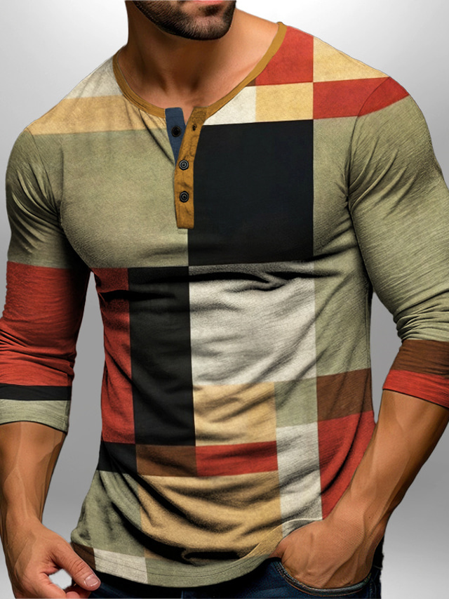  Graficzny Kolorowy blok Moda Codzienny Męskie Druk 3D Koszula Henley Codzienny Święto Wyjściowe Podkoszulek Niebieski Brązowy Zielony Długi rękaw Henley Koszula Wiosna i jesień Odzież S M L XL XXL