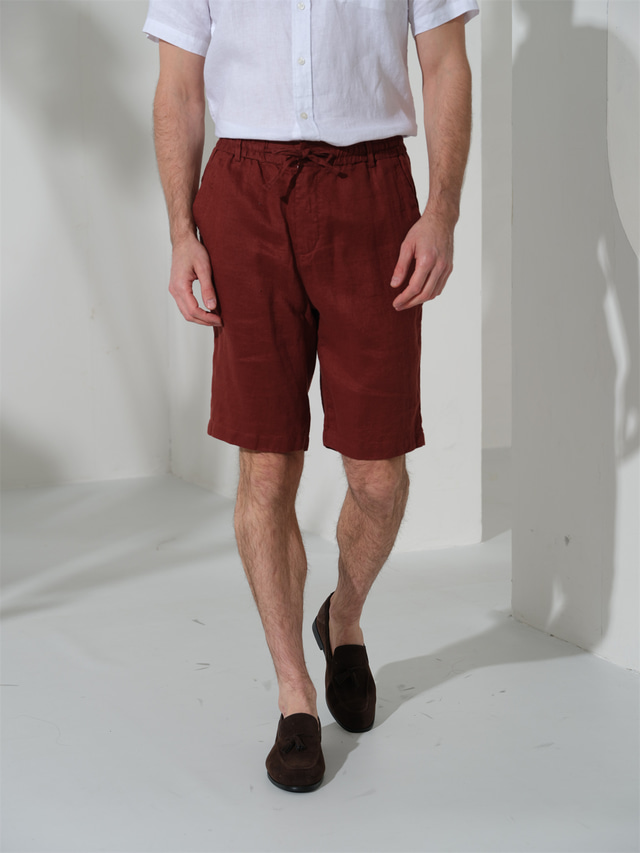  100% Linen Men's Shorts Linen Shorts Summer Shorts Drawstring Elastic Waist Front Pocket Plain Comfort Breathable Short Casual Daily Holiday Fashion Classic Style Black Red