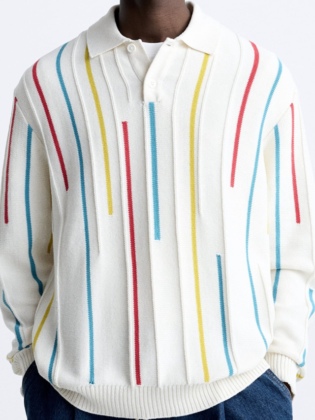  Hombre Pullover Camiseta de golf Calle Casual Diseño Manga Larga Moda Alta calidad Raya Rayas Botón frontal Verano Primavera Blanco Pullover