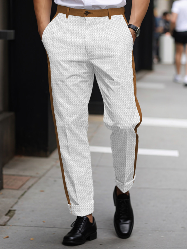  Męskie Garnitury Spodnie Spodnie waflowe Niejednolita całość Guzik Przednia kieszeń Kolorowy blok Komfort Biznes Codzienny Święto Moda Szykowne i nowoczesne Czarny Biały Średnio elastyczny