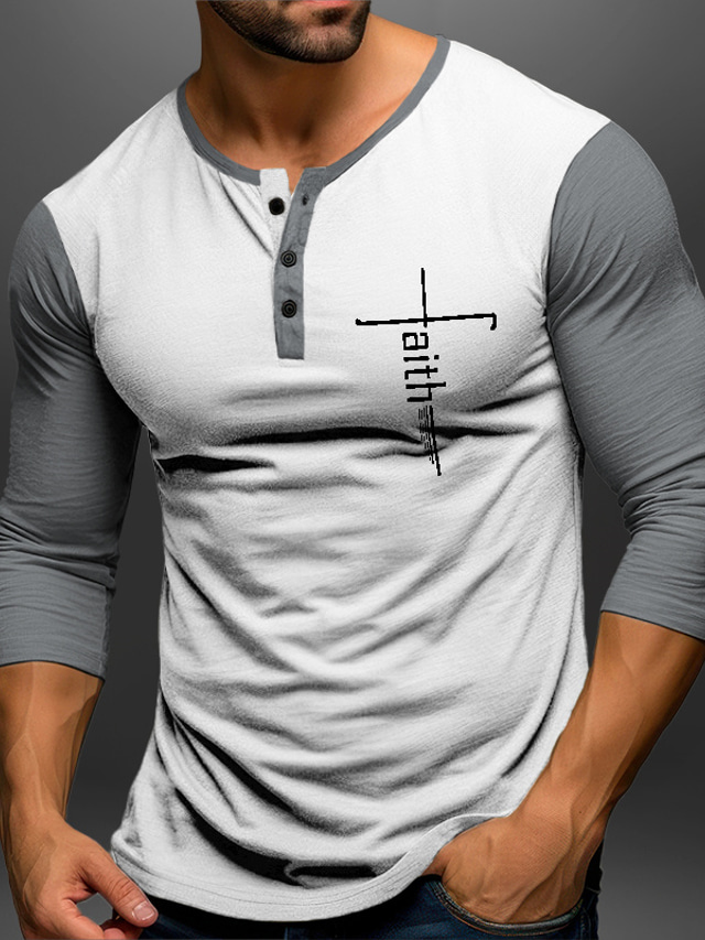  Graphic Color Block Faith Fashion Daily Casual Men's 3D Print Henley Shirt Casual Holiday Going out T shirt Black Brown Dark Blue Long Sleeve Henley Shirt Spring &  Fall Clothing Apparel S M L XL XXL