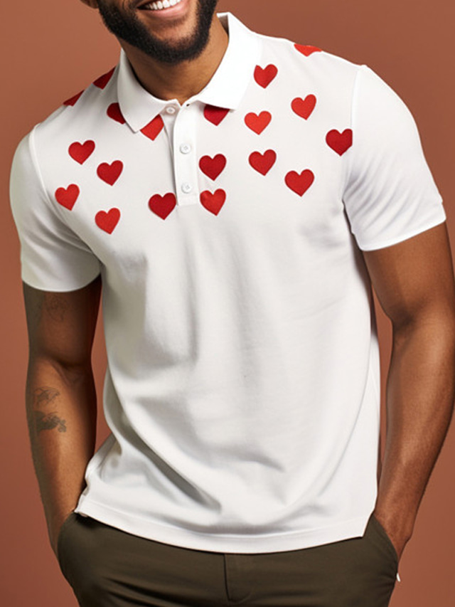 Valentine's Day Heart Men's Casual Print 3D Outdoor Daily Wear Streetwear  Polyester Short Sleeve Turndown Polo Shirts Pink Wine Spring & Summer S M L Micro-elastic