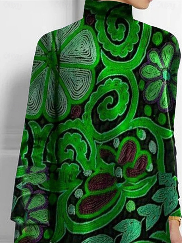  Women's T Shirt Fashion Floral Print Asymmetric Hem Long Sleeve Long Tops High Neck Casual Holiday Red Blue Green Spring &  Fall