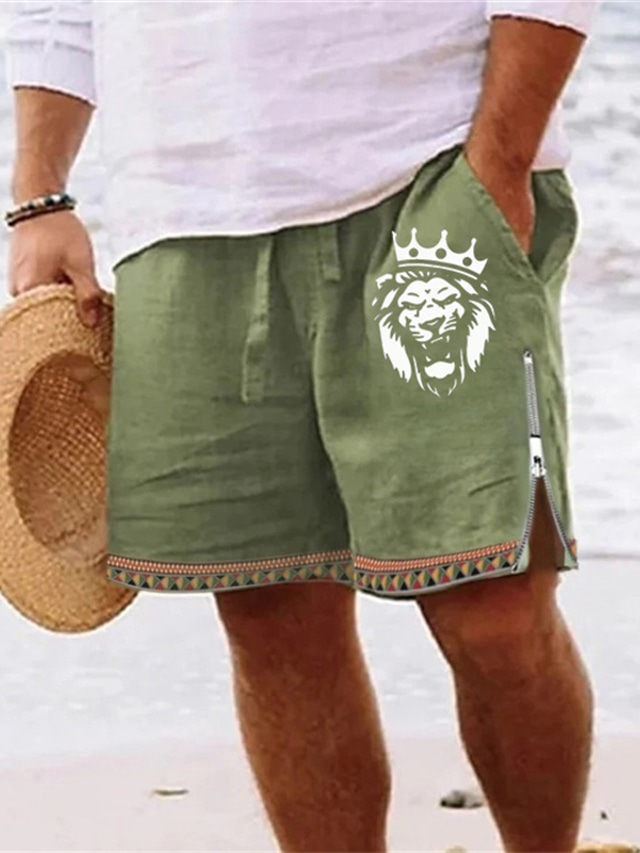  Men's Shorts Summer Shorts Beach Shorts Zipper Drawstring Elastic Waist Lion Comfort Breathable Short Daily Holiday Going out Cotton Blend Hawaiian Casual Army Green Royal Blue