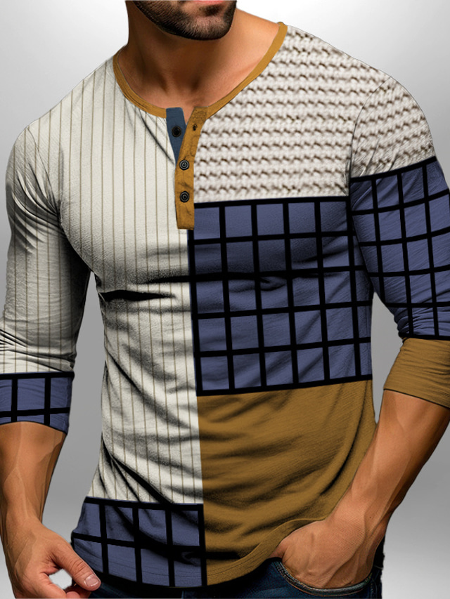  Graphic Patchwork Fashion Daily Casual Men's 3D Print Henley Shirt Casual Holiday Going out T shirt Red Brown Green Long Sleeve Henley Shirt Spring &  Fall Clothing Apparel S M L XL XXL 3XL 4XL