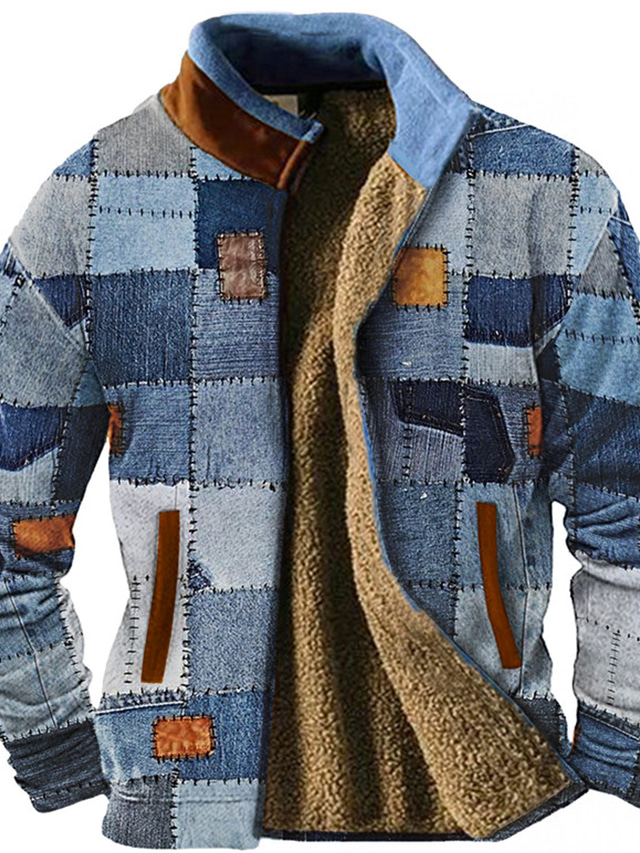  Grafisch Lapwerk Voor heren Dagelijks Sweatshirt met rits Feestdagen Vakantie Uitgaan Sweatshirts blauw Hemelsblauw Lange mouw Opstaand Fleece Winter Ontwerper Sweatshirt met capuchon