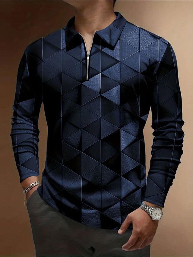  Geometry Men's Casual 3D Print Zip Polo Casual Daily Long Sleeve Turndown Zip Polo Shirts Blue Purple Spring & Summer S M L Micro-elastic Lapel Polo