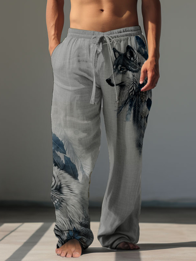  Men's Vintage Animal Wolf Linen Pants Pants Trousers Mid Waist Outdoor Daily Wear Streetwear Fall & Winter Regular Fit