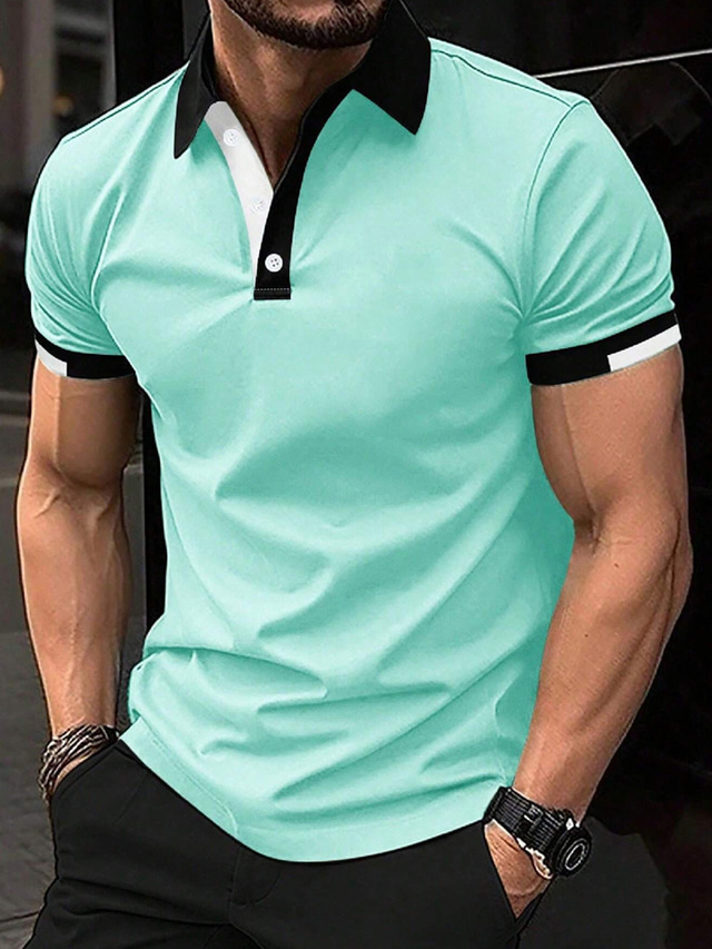  Men's Button Up Polos Golf Shirt Casual Holiday Ribbed Polo Collar Short Sleeve Fashion Basic Solid Color Patchwork Summer Regular Fit Black White Red Blue Brown Green Button Up Polos