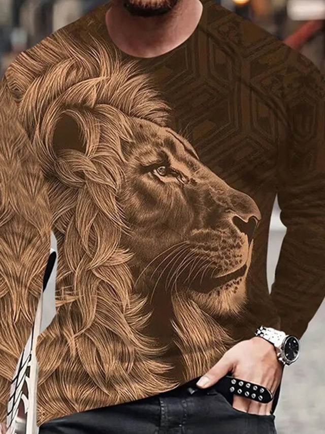  Graphic Animal Lion Fashion Designer Casual Men's 3D Print T shirt Tee Sports Outdoor Holiday Going out T shirt Red Blue Brown Long Sleeve Crew Neck Shirt Spring &  Fall Clothing Apparel S M L XL 2XL
