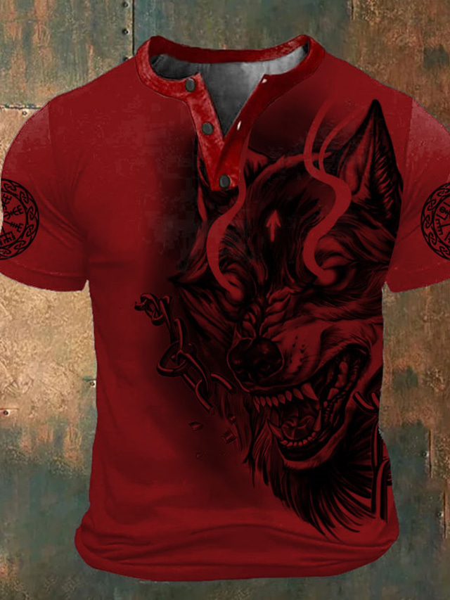  Herren Graphic Wolf T Shirt Henley Shirt Kurzarm T-Shirt 3D-Druck Henley Hemd Modisch Retro Vintage Klassisch Sports Outdoor Festtage Ausgehen Weiß Rote Braun Frühling Sommer Bekleidung S M L XL XXL