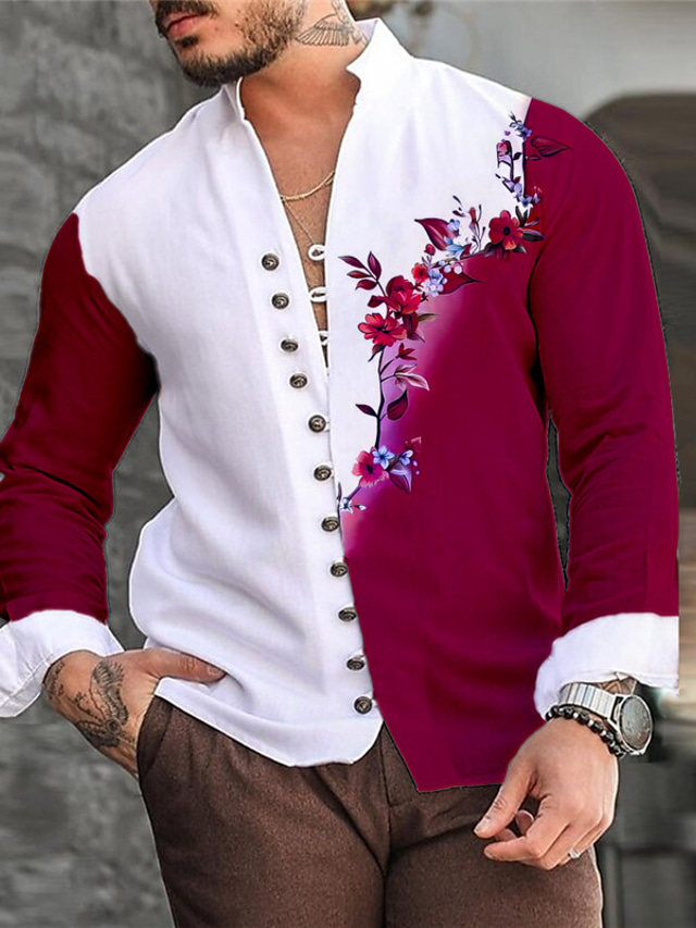  Floral Casual Men's Shirt Daily Wear Going out Weekend Spring & Summer Standing Collar Long Sleeve Burgundy, Blue, Orange S, M, L Washable Cotton Fabric Shirt