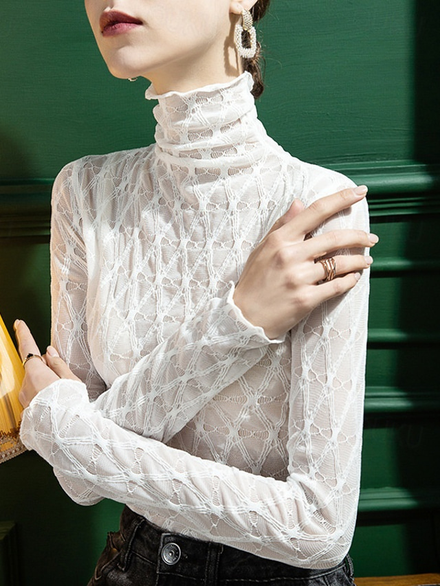  Shirt Blouse Women's Black White Blue Plain Lace Casual Fashion High Neck Slim S