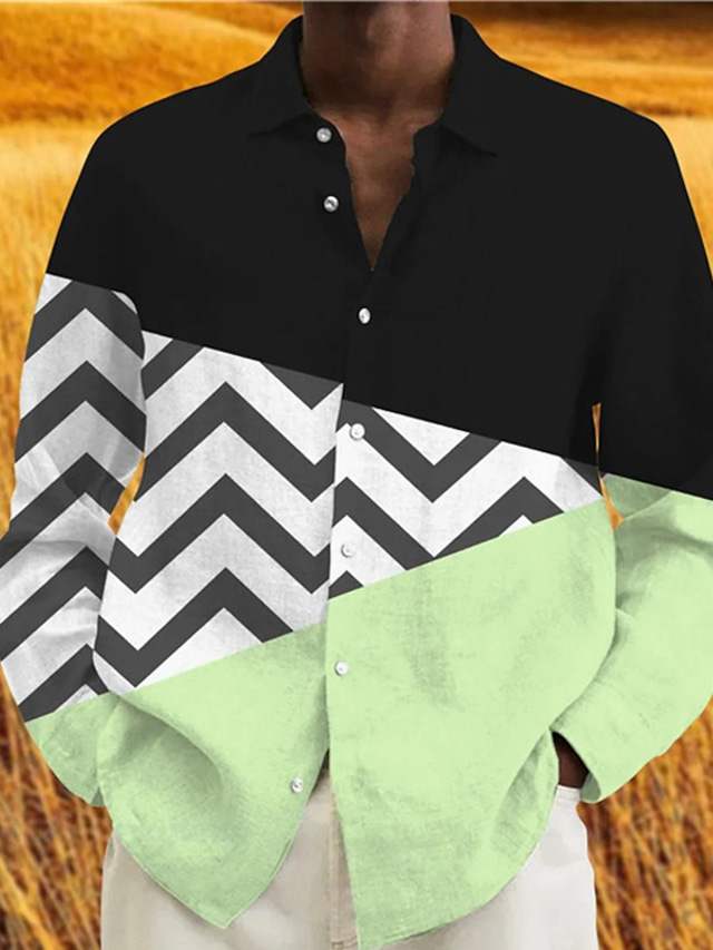  Geometri Kunstnerisk Abstrakt Herre Skjorte Dagligdagstøj I-byen-tøj Forår sommer Aftæpning Langærmet Sort S, M, L 4-vejs strækstof Skjorte