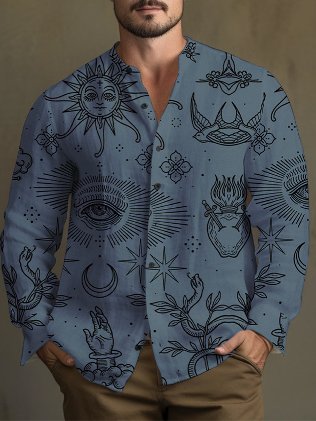  Sun Ethnic Vintage Men's Shirt Daily Wear Going out Weekend Fall & Winter Standing Collar Long Sleeve Navy Blue, Blue, Brown S, M, L Slub Fabric Shirt