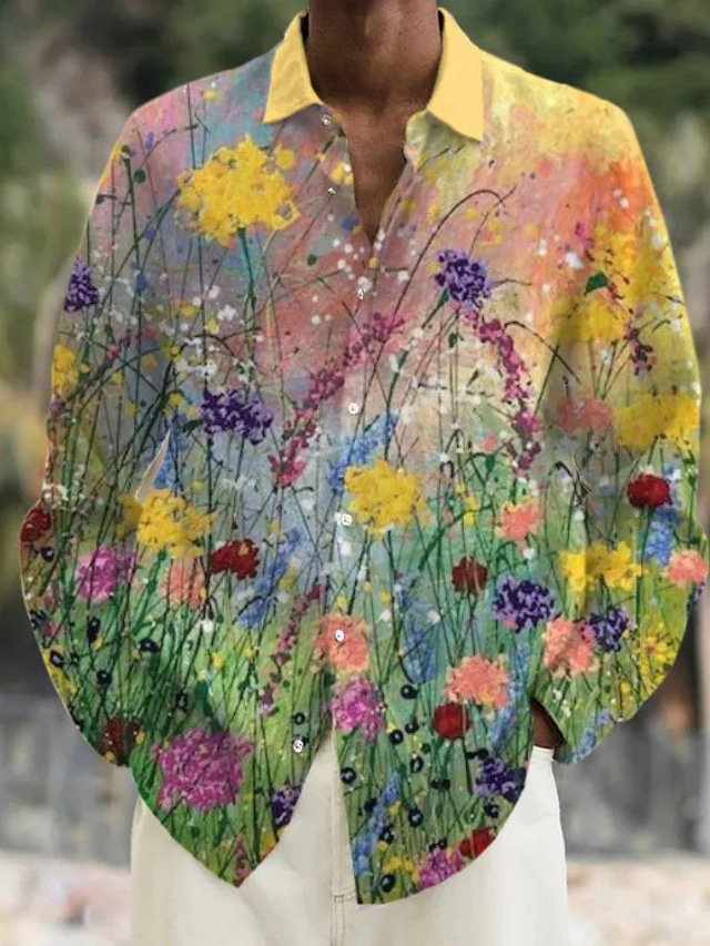  Men's Floral Casual Shirt Daily Wear Going out Weekend Turndown Long Sleeve Blue, Yellow S, M, L Slub