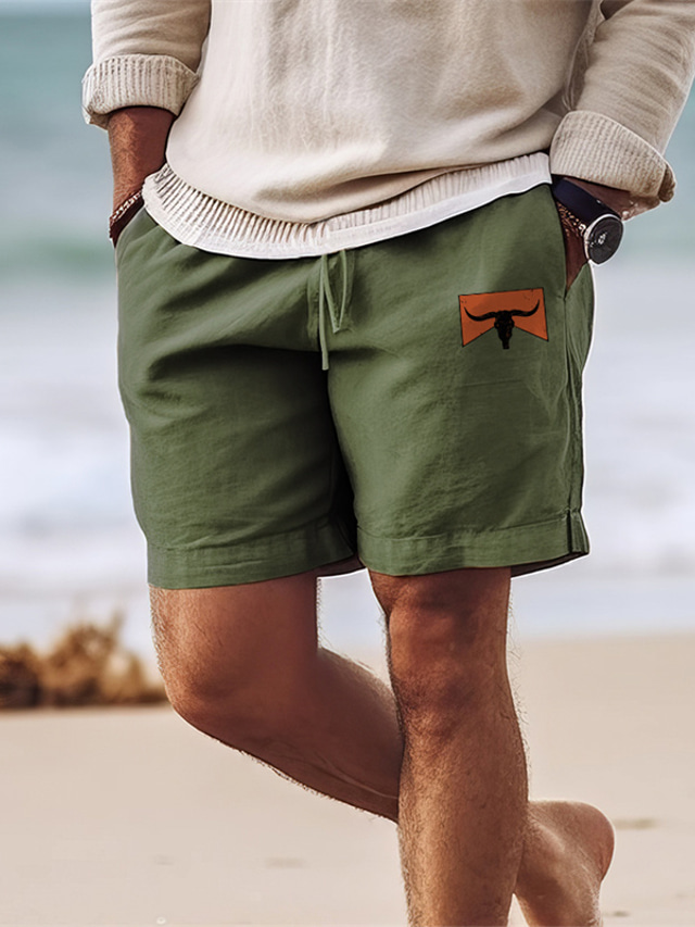  Men's Shorts Summer Shorts Beach Shorts Drawstring Elastic Waist Print Cow Comfort Breathable Short Outdoor Holiday Going out Hawaiian Casual Black Army Green