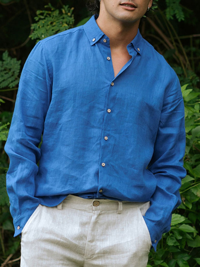  Homme Chemise Chemise Lin Chemise boutonnée Chemise de plage Blanche Bleu Vert foncé manche longue Plein Revers Printemps & Automne Casual du quotidien Vêtement Tenue